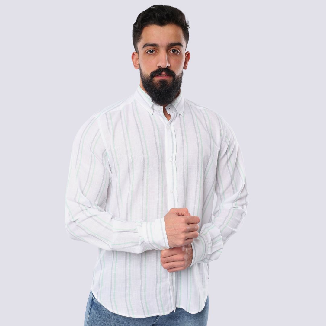 M23SH355-Striped Casual Cotton Shirt ,  Jacquard long sleeve