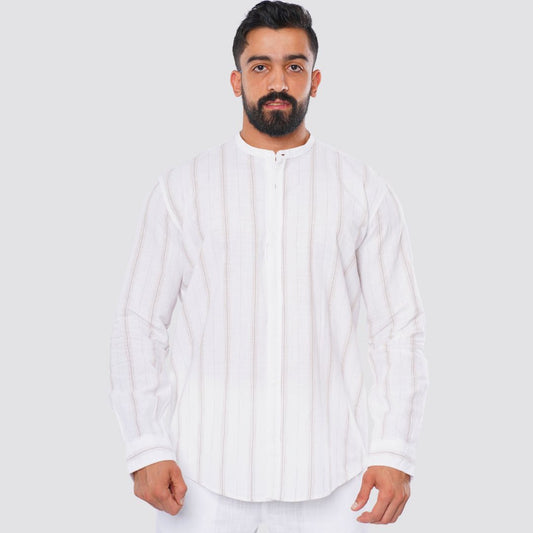 M24SH358 -قميص قطن بوبلين مقلم سمارت كاجوال بكم طويل
