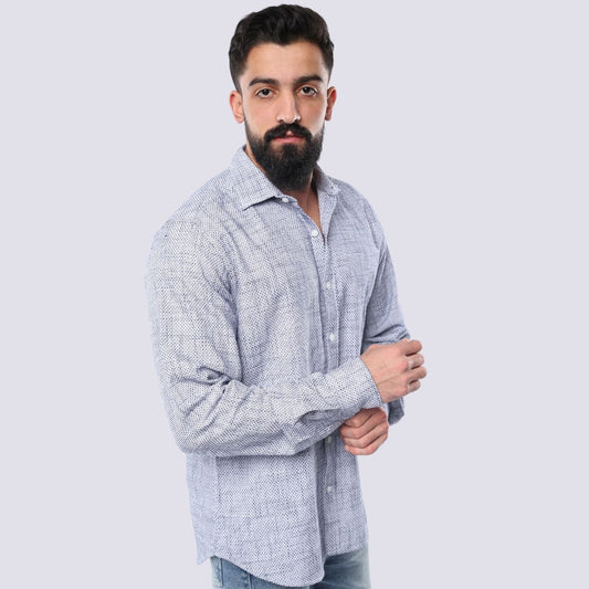 M23SH701-قميص من القطن بتصميم منقوش وأكمام طويلة