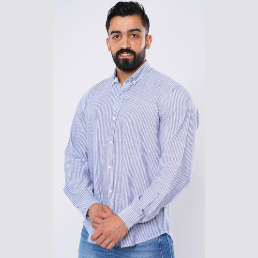 M24SH355 - قميص قطن بوبلين مقلم سمارت كاجوال بكم طويل