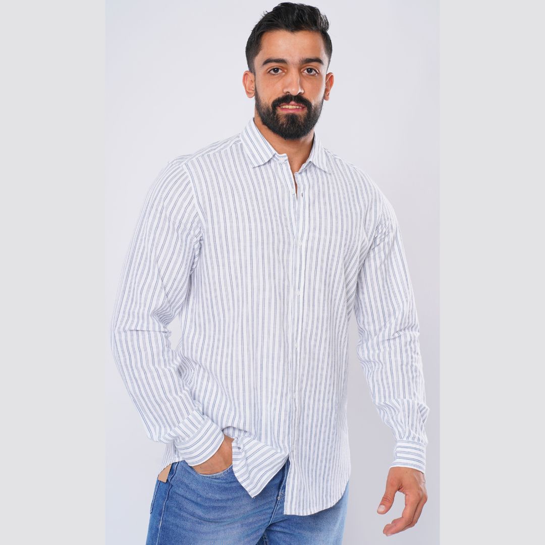 M24SH356-Striped Casual Cotton Shirt ,  Jacquard long sleeve