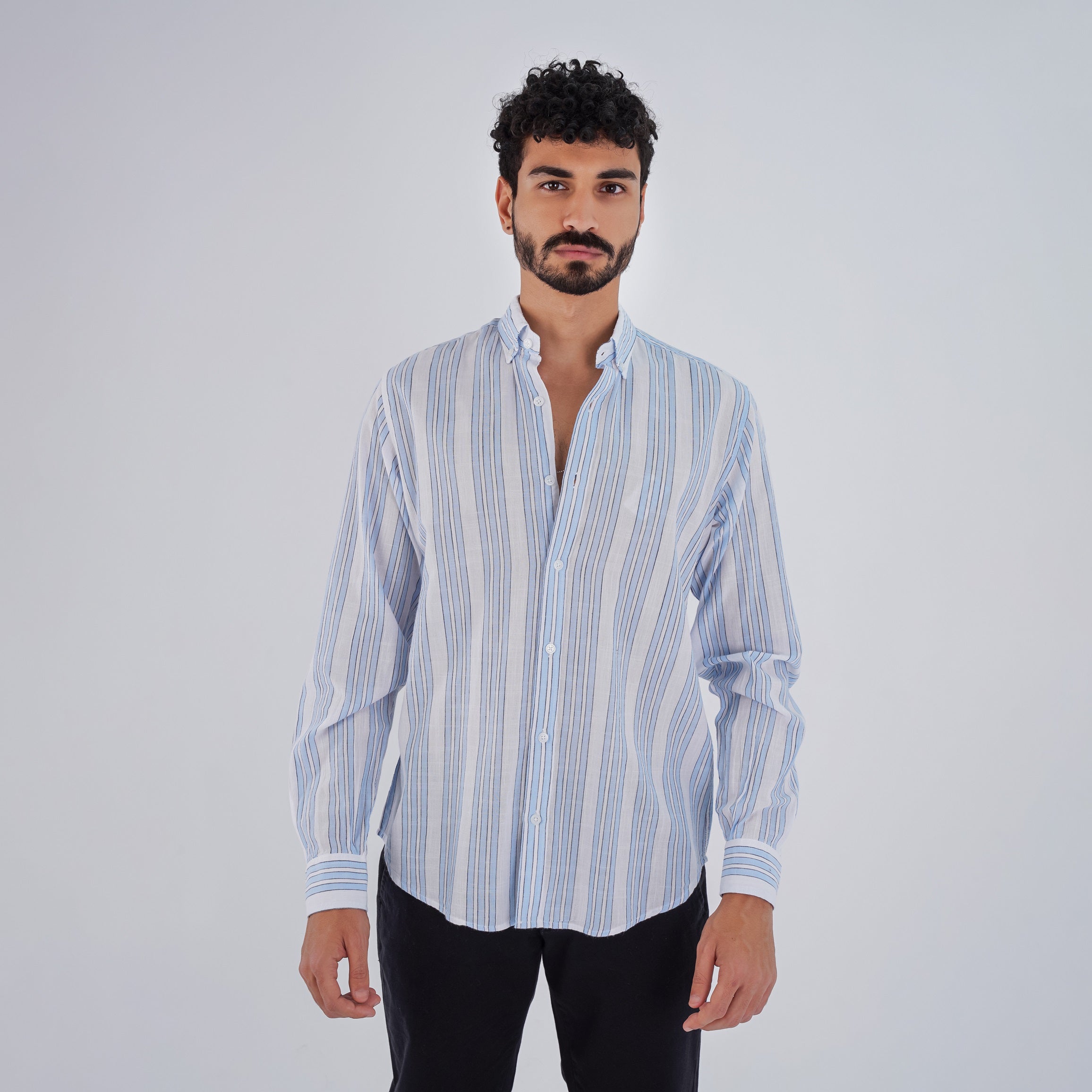 M24SH353 -Striped Casual Cotton Shirt ,  Jacquard long sleeve