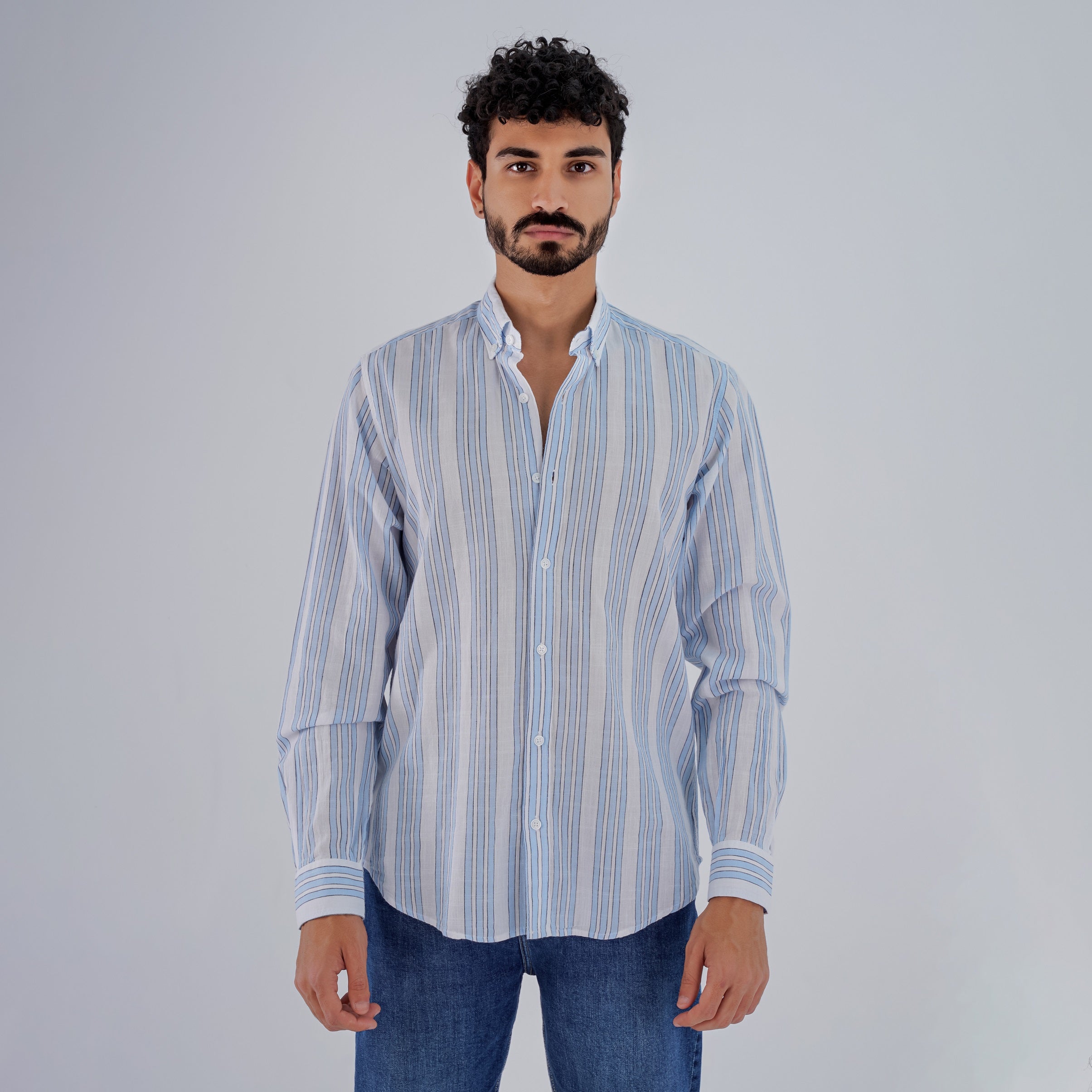 M24SH353 -Striped Casual Cotton Shirt ,  Jacquard long sleeve