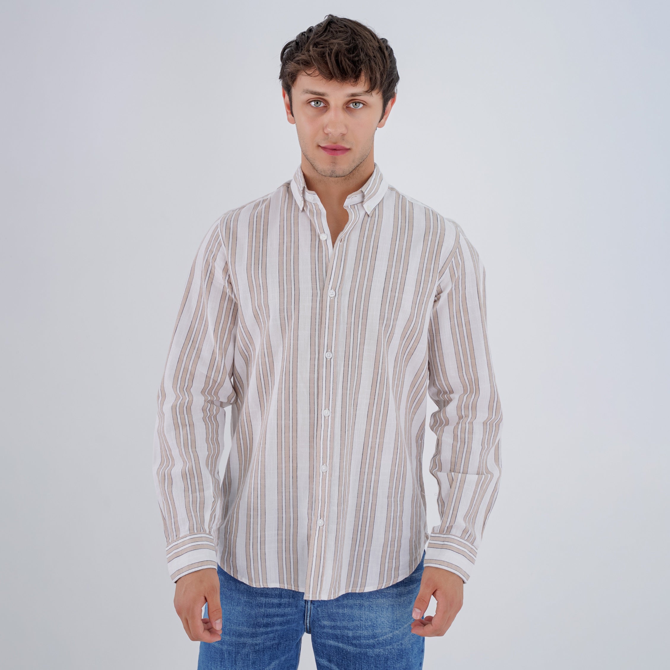 M24SH353 -Striped Casual Cotton Shirt ,  Jacquard long sleeve