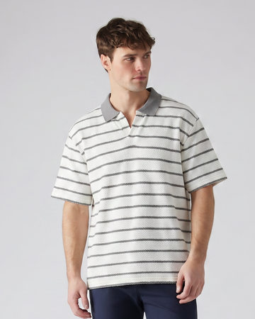 M26TH803-Premium dirty Striped Cotton Jacquard Polo Shirt - Black & White